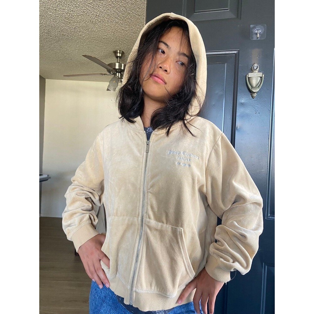 Juicy Couture X forever21 collab velour hoddie zip up jacket Beige Y2K Sz Large